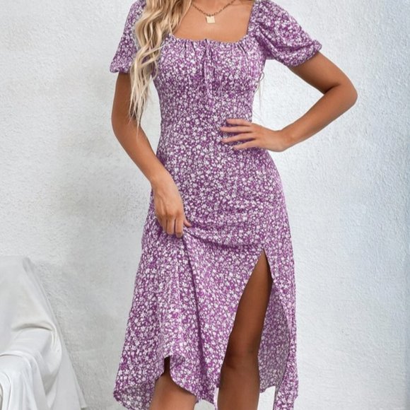 SHEIN Dresses & Skirts - Shein Dress 6 Medium Lilac Purple Pink Floral Long Midi Puffy Short Sleeve Slit